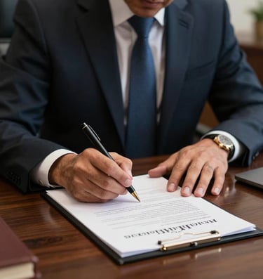 Close-up photography of a Mexican / Latin American lawyer signing official legal documents on a dark oak desk in a corporate law firm in Monterrey.