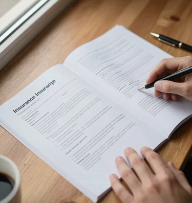 Close-up overhead view of an insurance policy document spread open on a tidy wooden desk, a hand resting on the page mid-review, soft north-facing daylight from a window to the left, a pen and a coffee cup visible at the edge — calm, ordered, documentary feel