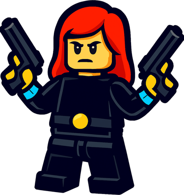 Lego Black Widow minifigure with red hair and dual pistols in a heroic action pose.