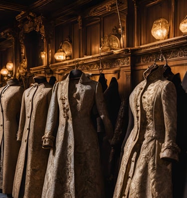 Row of Victorian-style coats in gold with brocade detailing