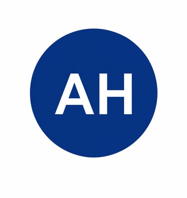A minimalist blue circular logo featuring the white sans-serif initials AH on a plain white background.