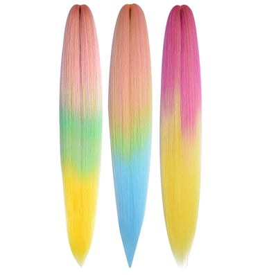 a pair of colorful colored pre-streched braids  hair extensions on a white background