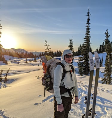 samantha on mazama ridge mt. rainier near sunset on a snowy winter day