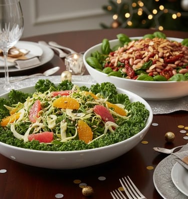 Bulk healthy catering salads featuring citrus fennel crunch and Mediterranean white bean for office wellness lunches.