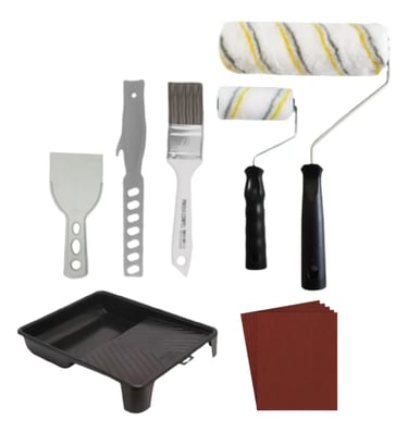 Professional house painting kit with paint rollers, tray, brushes, scraper, and sandpaper sheets.