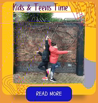 Kids & teen yoga time. Two children standing back to back in a variation of tree yoga pose.