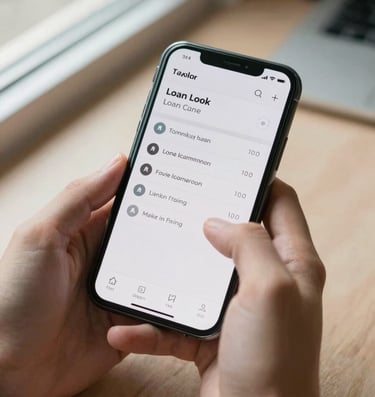Close-up overhead shot of hands holding a smartphone displaying a clean loan quote screen, soft natural window light from the left, shallow depth-of-field, warm neutral desk surface visible below
