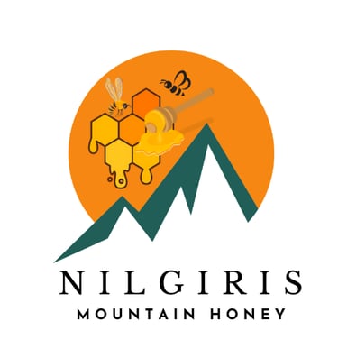 a mountain view of a honeybee logo and a bee