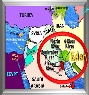 Probable location of the Garden of Eden. Map is not to scale Eden - designed by Debbie Dunn using Po