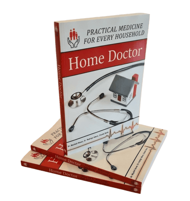 Book cover of “Home Doctor: Practical Medicine for Every Household” featuring a stethoscope and hous