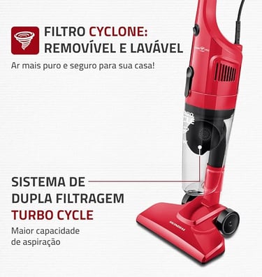 Mondial red upright vacuum cleaner with removable cyclone filter and double filtration system.