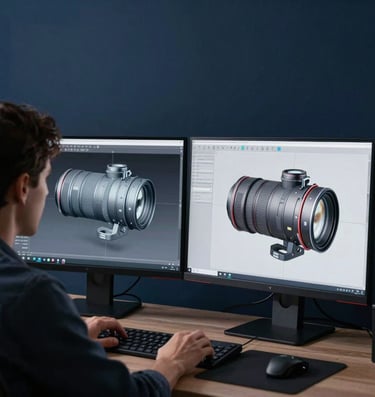 An over-the-shoulder shot of a designer in a high-tech studio in Spain working on a complex CAD 3D model on a dual-monitor setup. High-end computing station, dark navy blue background, minimal industrial aesthetic.