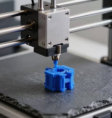 A macro photograph of a 3-D printer extruder nozzle depositing electric blue filament, forming a complex geometric piece with micro-level detail. Sharp focus, clean industrial studio setting with slate gray tones and premium technological precision.