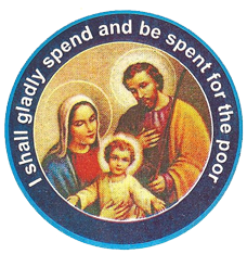 Holy Family icon with Mary, Joseph, and baby Jesus featuring a quote about helping the poor.