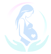 A soft blue silhouette of a pregnant woman with a heart on her belly supported by caring hands.