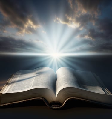 Bible in the foreground with bright light shining on a partly cloudy sky and a dark surface below.