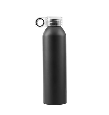 Sleek matte black reusable water bottle with a clear screw-on cap and finger loop for easy carrying.