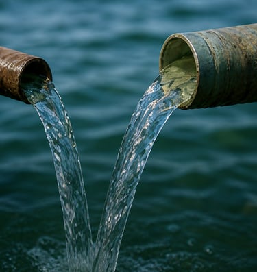 Pipes discharging water into a lakeside drainage area.