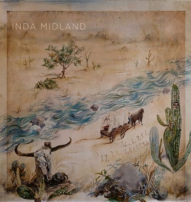 Río Bravo Artwork. Disco de música country. Paisaje un río, una carreta, cactus, un búho, un árbol.