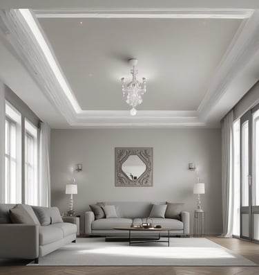 A beautifully decorated interior features a beige wall with intricate geometric tile patterns along the lower half and ornate white engravings around the doorway. There is a decorative wall lamp with an intricate design. In the foreground, lush green plants add a natural touch to the setting.