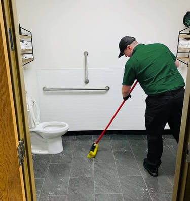 deep cleaning a restroom, toilets, sinks, floors, sanitize, disinfect. grout