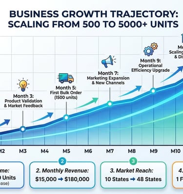 Growth trajectory chart showing business scaling from 500-unit trial orders to 5000-unit bulk orders