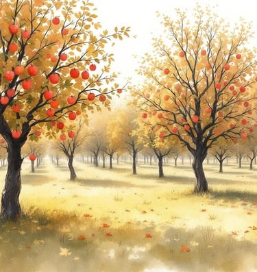 Aquarell von Apfelbäumen im Herbstgarten – Vorlesegeschic