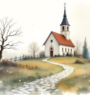 Aquarell einer kleinen weißen Dorfkirche auf dem Hügel mit Weg zum Portal
