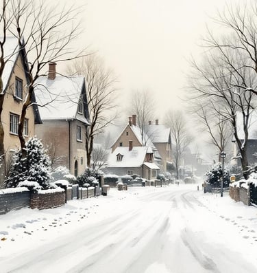 Aquarell einer verschneiten Dorfstraße mit weißen Dächern und kahlen Bäumen
