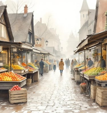 Aquarell eines alten Wochenmarkts mit hölzernen Marktständen voller Obst im Morgendunst