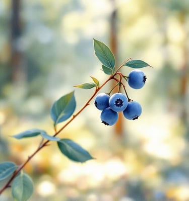 Aquarell eines Zweigs voller reifer Blaubeeren mit grauem Hauch im warmen Waldlicht