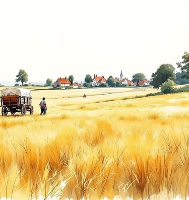 Aquarell eines beladenen Heuwagens auf sommerlicher Wiese