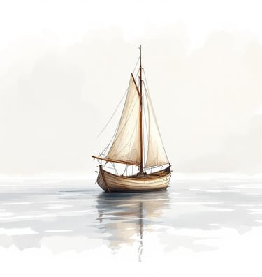 Segelboot-Aquarell zur Vorlesegeschichte für Senioren – einzelnes Holzboot mit hellen Segeln auf See