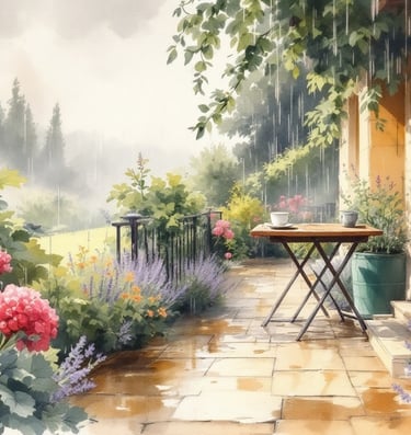 Blick von der trockenen Terrasse in den Garten, während der Regen als grauer Vorhang fällt