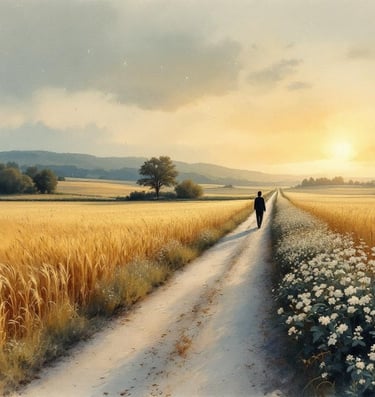 Aquarell eines einsamen Spaziergängers auf einem Feldweg durch goldene Getreidefelder