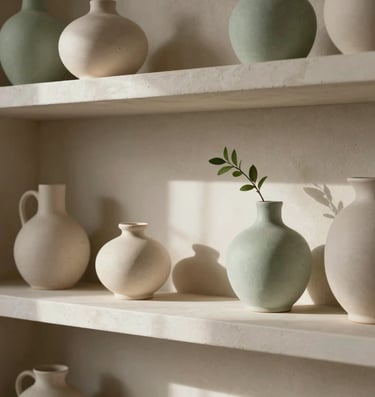 Artistic detail shot of natural light streaming onto a curated plaster wall shelf with delicate ceramic vessels and a tiny sprig of greenery, styled elegantly in soft beige and sage green tones, North American / Modern Western.