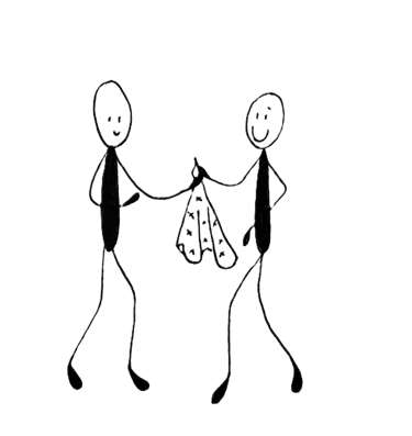 One stick man is gifting the second stick man with a Noseknot handkerchief