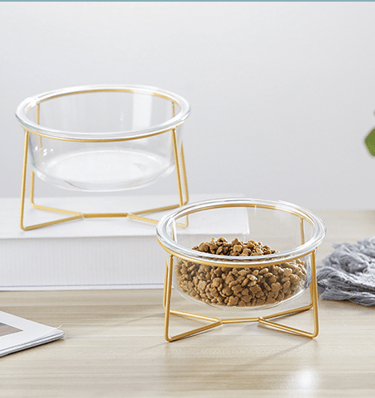 Elevated pet feeder with two glass bowls and iron stand, non-toxic and dishwasher safe