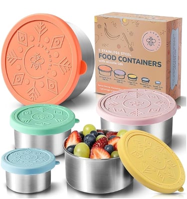 Everusely set of 5 nesting stainless steel food containers with colorful silicone lids.