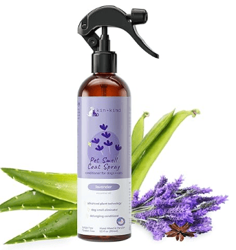 kin+kind natural lavender dog deodorizing spray and detangler with organic aloe.