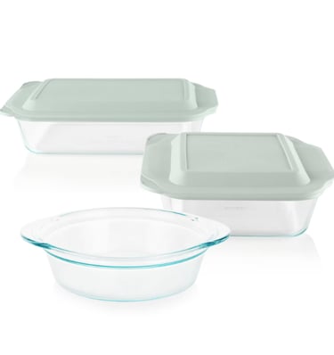 Pyrex deep glass baking dish set 5‑piece with BPA‑free lids, non‑toxic glass bakeware