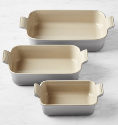 Le Creuset Heritage 3-piece rectangular baking dish set with non-toxic stoneware glaze