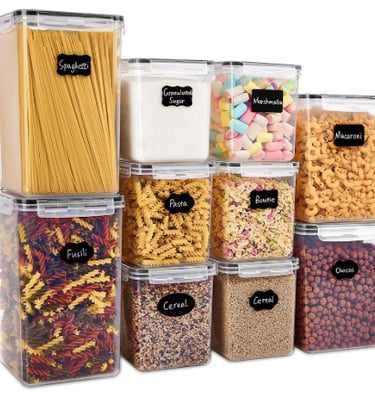 Vtopmart 10-piece airtight pantry storage set for flour and sugar with blue silicone seals.