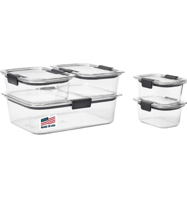 Rubbermaid Brilliance 10-piece BPA-free Tritan plastic food storage set with airtight vented lids.