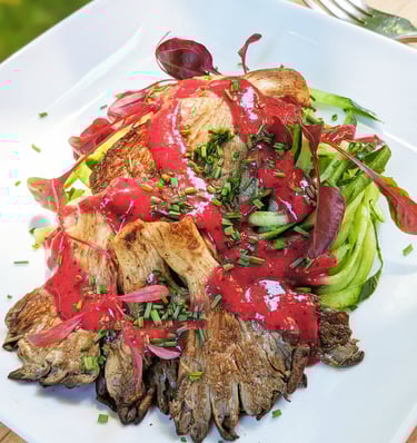 Five-Spice Oyster Mushroom on Cucumber Noodles with Superfood Berry Drizzle.