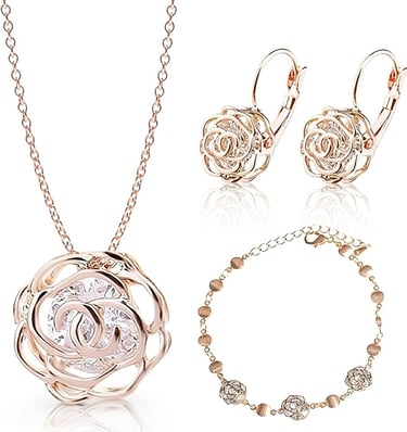 18K Gold Plated White Crystal Roses Flower Set Necklace Earrings Bracelet