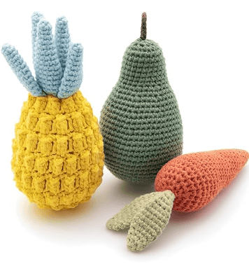 Nina Woof organic cotton handmade squeaky dog toy bundle featuring a carrot, pear, and pineapple.