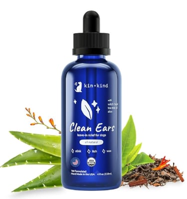 kin+kind organic witch hazel and tea tree dog ear cleaner for non-toxic wax removal.