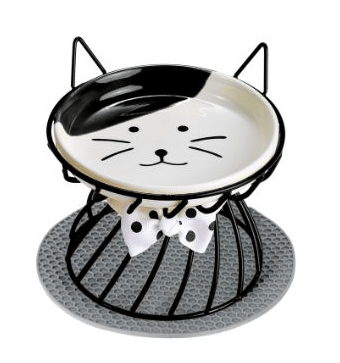 Elevated ceramic cat bowl with non-slip metal stand, food-safe and non-toxic