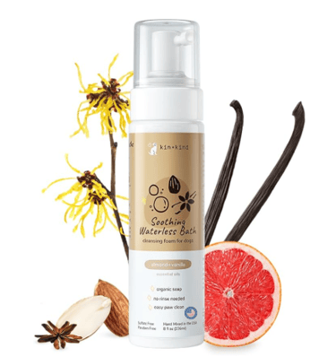 kin+kind waterless dog shampoo foam with organic witch hazel, almond, and vanilla.
